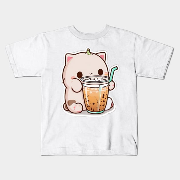 Cute Cat Drinking Bubble Tea Cartoon Boba Drawing Kids T-Shirt by kiddo200